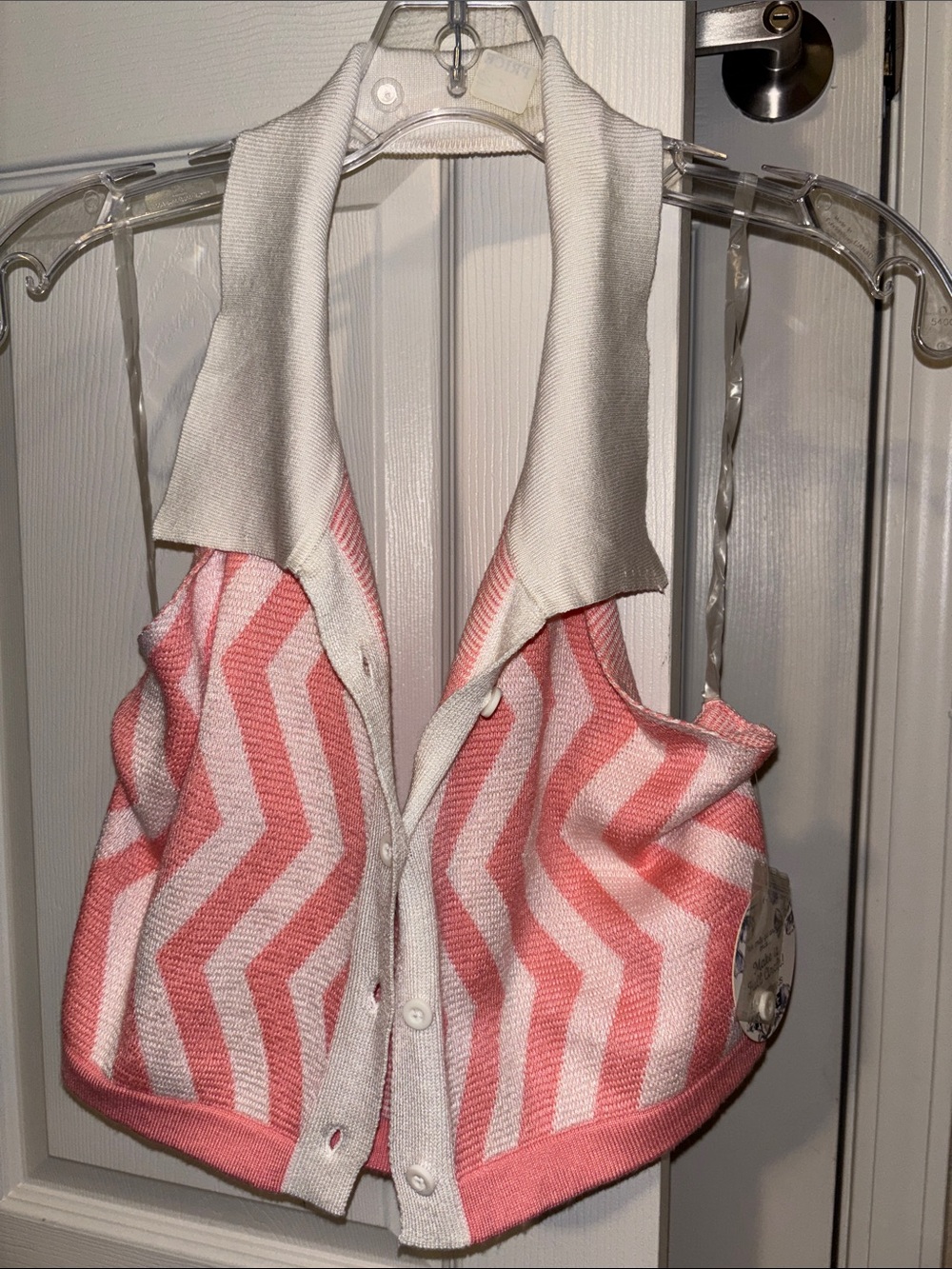 Women's Pink Chevron Knit Crop Top with White Trim